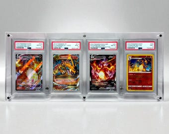 Portatarjetas de exhibición - Personalizado con 4 cuadrículas, compatible con marco de escritorio PSA/CGC. Protección UV adicional. Compatible con Pokémon/NBA. Para tarjetas graduadas. Transparente.