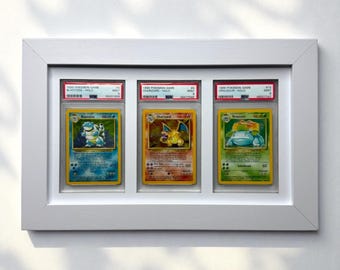 Custom PSA/CGC Compatible Card Wall Frame: 3 Grid White, Pokémon/NBA/Sports Collectibles, Display Solution for Graded Trading Cards