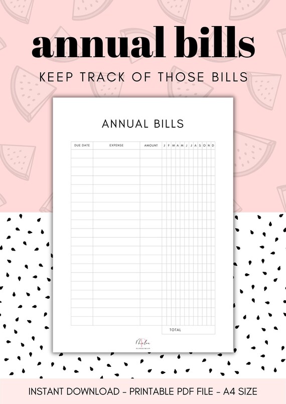 Annual Bill Checklist Printable Yearly Bill Checklist A4 - Etsy