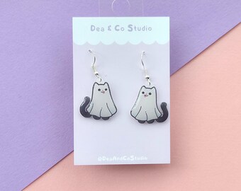 Handmade Dangle 925 Hypoallergenic Ghost Cat Earrings - Halloween Theme, Gloss Resin Finish