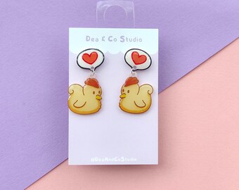 Stardew Valley Inspired Handmade Hypoallergenic Dangle Earrings - White Chicken with Love Heart Speech Bubble
