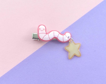 Handmade Illustrated Dangle Hair Clip - Pink Cute Worm & Star Resin Finish