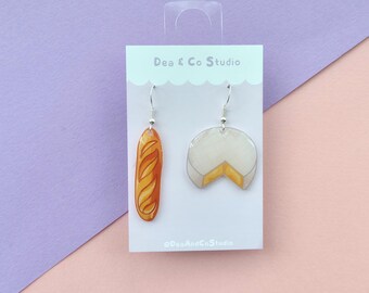 Handmade Hypoallergenic 925 Dangle Earrings - Baguette & Camembert Cheese Design with Gloss Resin