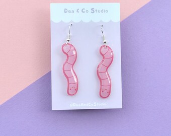Handmade Pink Worm Earrings | Cute Resin Finished with 925 Silver Hypoallergenic Hooks
