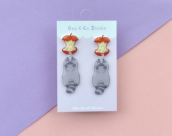 Original Illustration Raccoon Stud Hypoallergenic Earrings - Dangle Trash Apple Resin Art