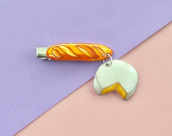 Handmade Dangle Hair Clip - Baguette & Camembert Design in Gloss Resin