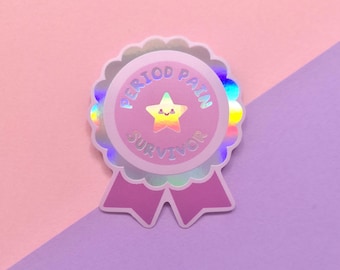 Period Pain Survivor Holographic Ribbon Sticker | Pink Pastel Decal 7cm