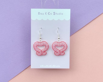 Handmade 925 Hypoallergenic Dangle Earrings | Cute Pink Worm Heart Resin Design