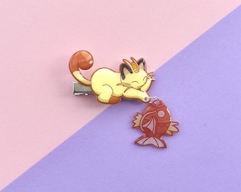 Handmade Meowth & Magikarp Dangle Hair Clip - Original Illustration Resin Alligator Clip
