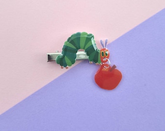 Handmade Illustrated Dangle Hair Clip - The Hungry Caterpillar & Apple - Resin Finish