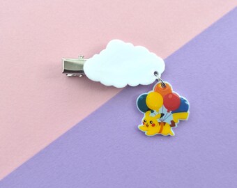 Handmade Illustrated Dangle Hair Clip | Flying Pikachu & Cloud | Pokemon Resin Accessory
