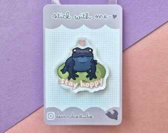 Stay Hoppy Acrylic Pin - Blue Frog on Lily Pad Pun Gift