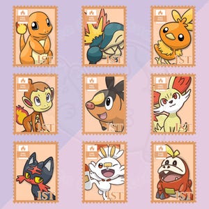 May include: Nine colorful cartoon stamps featuring various characters. Each stamp has a light orange background with a decorative border. The stamps include the text "FIRE MAIL" and "1ST". The characters are in various poses and colors.
