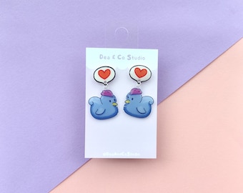 Stardew Valley Inspired Handmade Hypoallergenic Dangle Earrings - Blue Chicken with Love Heart Speech Bubble