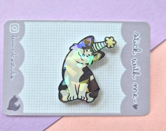 Cute Illustrated Cat Acrylic Pin – Party Hat Design with Holographic Shattered Finish