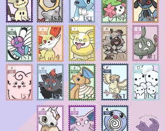 Shattered Holographic Pokémon Inspired Stamp Stickers | 4.5x6cm Vinyl Fan Art Set | Illustrated Mail-Themed Sticker Collectibles