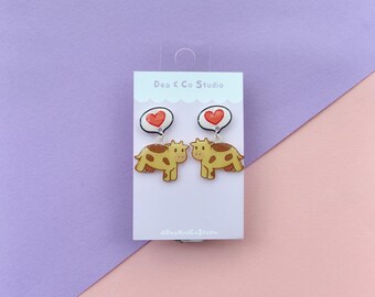 Stardew Valley Inspired Handmade Hypoallergenic Dangle Earrings - Cow with Love Heart Speech Bubble