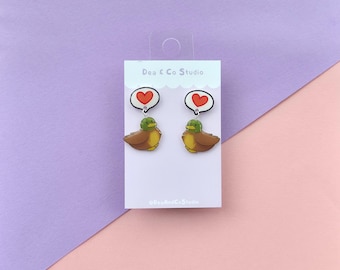 Stardew Valley Inspired Handmade Hypoallergenic Dangle Earrings - Duck with Love Heart Speech Bubble