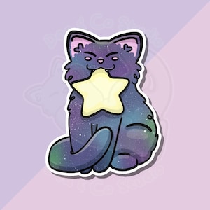 Galaxy Cat Holding Star Sticker | Glossy Vinyl Cosmic Kitty Decal