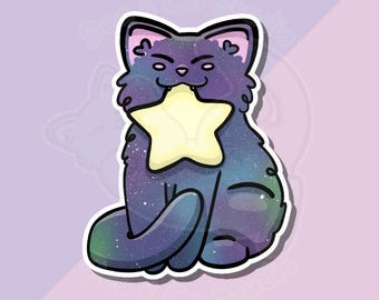 Galaxy Cat Holding Star Sticker | Glossy Vinyl Cosmic Kitty Decal