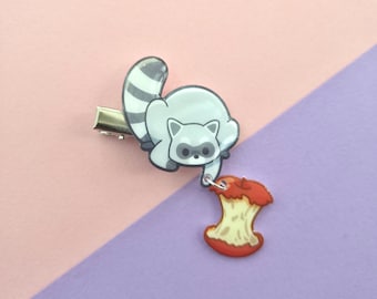 Handmade Illustrated Raccoon Dangle Hair Clip with Resin Trash-Eaten Apple
