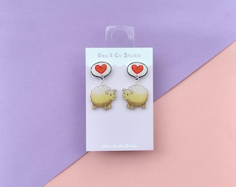 Stardew Valley Inspired Handmade Hypoallergenic Dangle Earrings - Sheep with Love Heart Speech Bubble