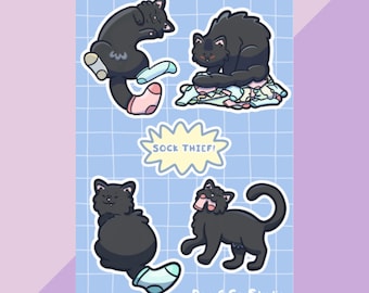 Black Cat Stickers A6 Matte Sheet | 5 Cute 'Sock Thief' Designs