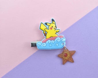 Surfing Pikachu & Staryu Handmade Illustrated Dangle Hair Clip with Resin Finish