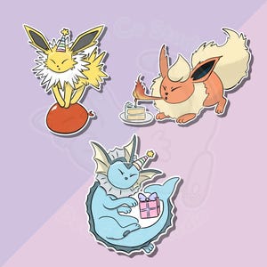 Pegatinas de Eeveelution inspiradas en la fiesta de Pokémon de Jolteon, Vaporeon y Flareon