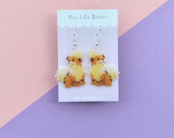 Handmade 925 Silver Hook Growlithe Earrings - Hypoallergenic & Whimsical Pokémon Art
