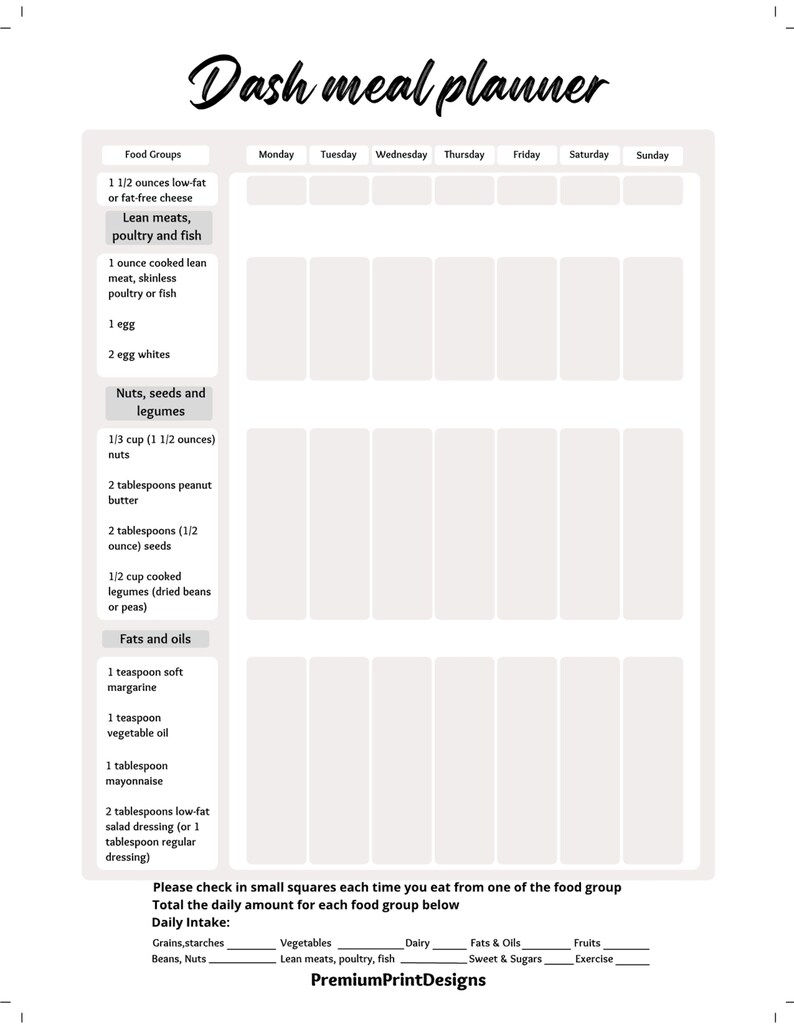 Dash Diet Meal Planner: Printable - Etsy