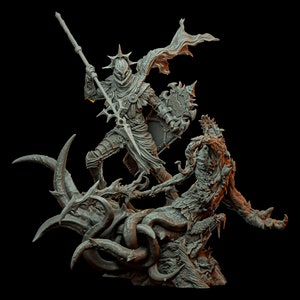 May include: A detailed, grey, 3D printed miniature of a knight in armour wielding a spear and shield, battling a monstrous creature with tentacles and claws, set against a black background.