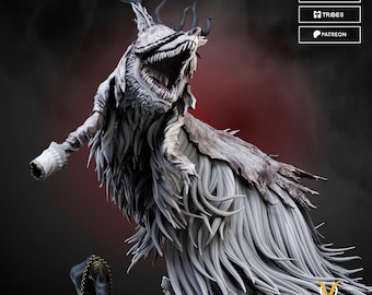 May include: A 34 cm tall, 1:20 scale creature figurine featuring a wolf-like head with an open, toothy maw, long flowing fur, and tattered fabric elements. The figure holds a small gold chain and is labeled as presupported and magnet-ready.