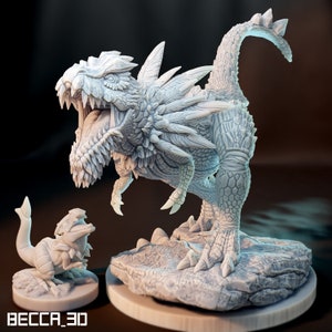 Puede incluir: Una miniatura de dinosaurio en 3D impresa en blanco, detallada, con una gran boca y dientes afilados. El dinosaurio está de pie sobre una base rocosa. Una miniatura de dinosaurio en 3D impresa en blanco, más pequeña y detallada, se encuentra en primer plano.