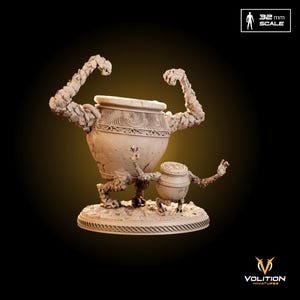 May include: A detailed miniature sculpture of two anthropomorphic pots. The larger pot has arms raised, and the smaller pot has arms outstretched. Both are on a circular base. The sculpture is in a neutral colour, with a 32 mm scale indicator.