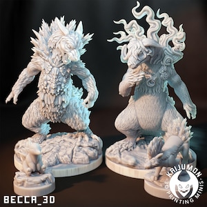 May include: Two white 3D-printed monster figurines. One is a wolf-like creature with spiky fur, the other has cloud-like hair. Each stands on a rocky base with a small animal figurine. The text "BECCA_3D" and "KAIJUMON MINIS" are visible.