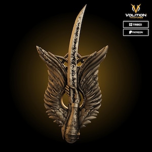 May include: A detailed, bronze-colored sculpture featuring a sword held by a hand, set against a backdrop of stylized wings. The sword blade has intricate markings. The sculpture has the text "VOLITION MINIATURES", "TRIBES", and "PATREON".