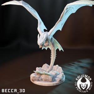 May include: A light gray 3D-printed dragon figurine with outstretched wings, perched on a rocky base. The dragon has detailed scales and a long, segmented tail. The base is a circular platform. The logo "KAIJUMON MINIS" is visible.