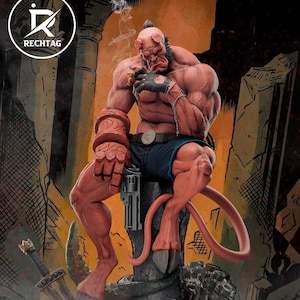 May include: A detailed statue of a red-skinned humanoid figure with horns, a tail, and a large right hand. The figure is smoking a cigar and holding a gun. The statue is set against a backdrop of a ruined structure.