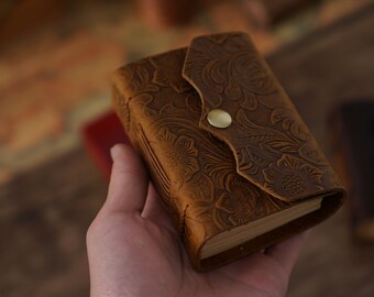 Genuine Leather Journal Pocket Notebook - Handmade floral small memo book for Men & Women 160 Sheets Blank Paper, Portable miniature notepad