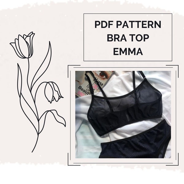 Top bralette lingerie sewing pattern PDF Emma. Wirefree.