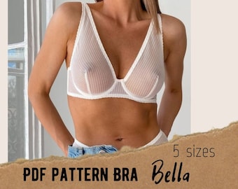 May include: PDF pattern for a white lace bra called "Bella". The pattern comes in 5 sizes.