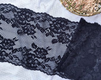 Black Floral Stretch Lace Trim, Lingerie Sewing Fabric (7.8" Wide)