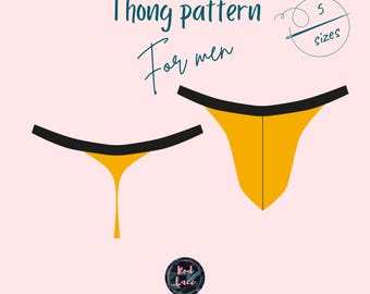 May include: A digital pattern for thong underwear with a black waistband and yellow fabric. The pattern includes five sizes. The text "Thong pattern" and "For men" is included in the image.