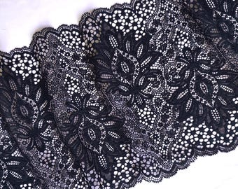 Black Floral Stretch Lace Trim, Lingerie Sewing, 9.05" Wide