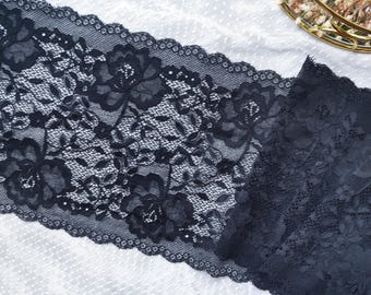 Black Floral Stretch Lace Trim, Lingerie Fabric (6.3" Wide)