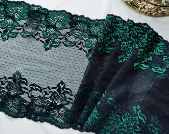 Elastic dot polk black Lace trim with green flowers, bra making, stretch black lace, Fabric for sewing lingerie, Sewing supplies