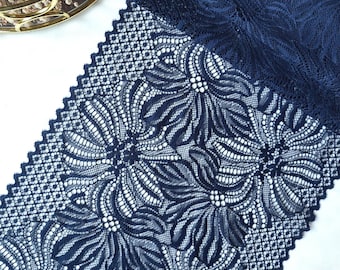 Stretch Navy Blue Floral Lace Trim, Lingerie Sewing, 9" Wide