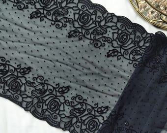Black Floral Flock Stretch Lace Trim, Lingerie Sewing, 9" Wide