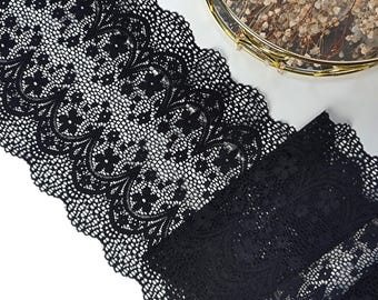 Black Stretch Lace Trim – Wide Elastic Lace for Bras, Dresses & Home Decor